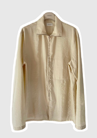 Lemaire SS19 Dry Silk Harrington Jacket - Minimalist Boxy Outerwear - Off-white turtleneck inner wear
