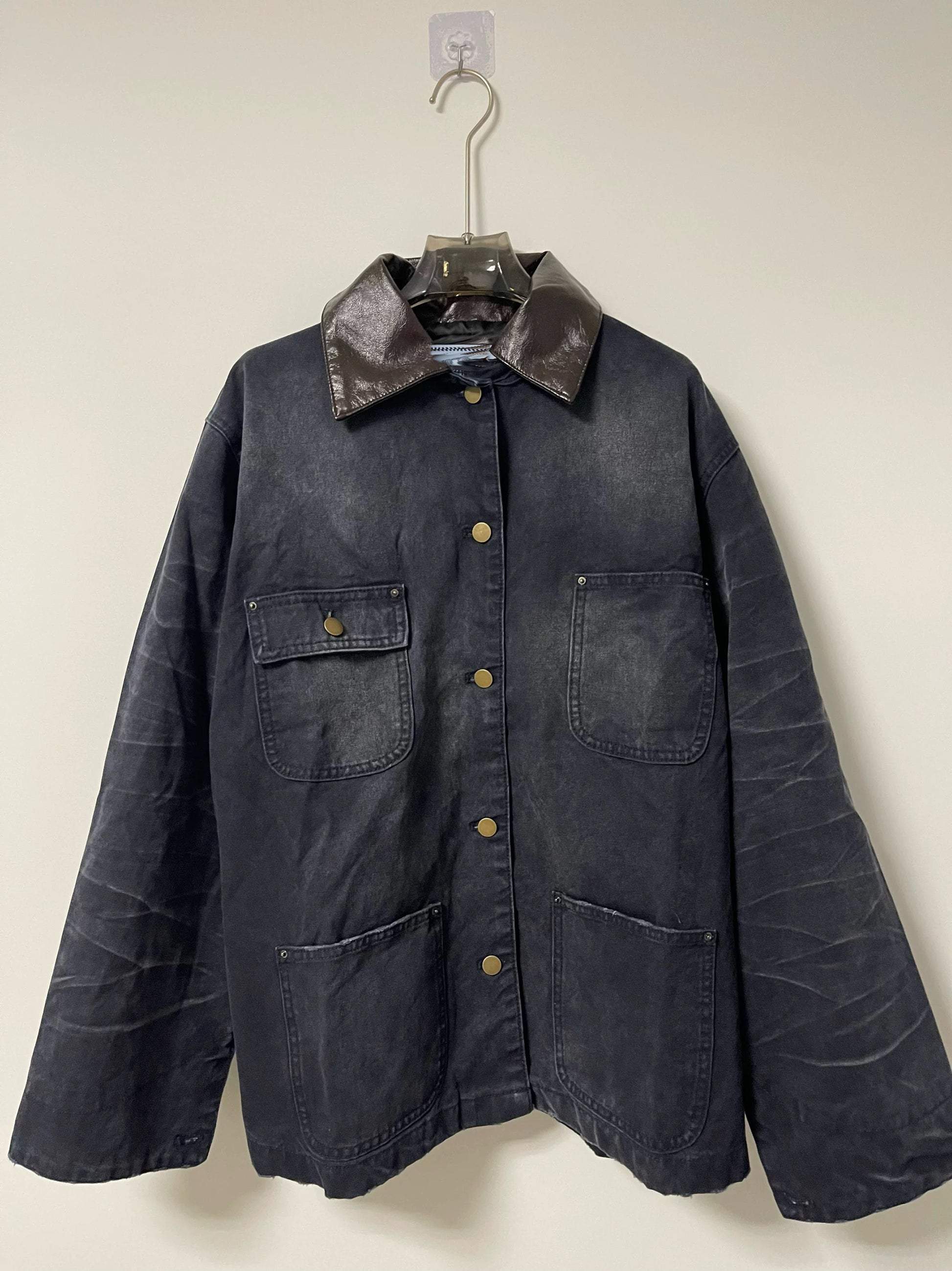 24SS Goatskin Patchwork Workwear Jacket with Leather Collar-Oversized Silhouette - Navy blue