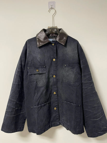 24SS Goatskin Patchwork Workwear Jacket with Leather Collar-Oversized Silhouette - Navy blue