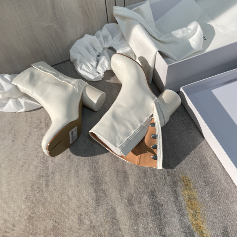 25AW Women’s Tabi Heel Boots - 8cm Stiletto Calfskin Split-Toe Ankle Boots - White 6cm