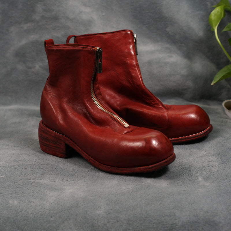 Guidi Horse Leather Distressed Chunky Heel Mid-Calf Ankle Boots PL1/2 Front-Zip
