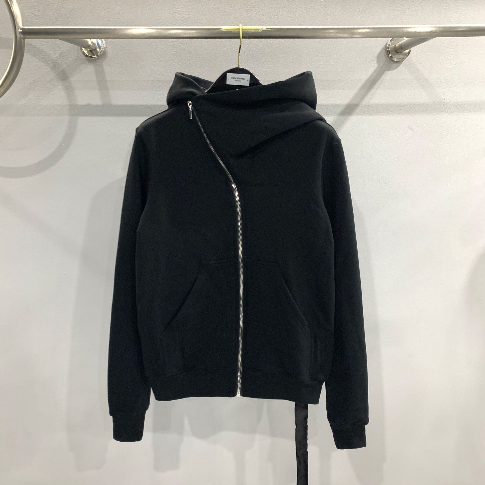 RO Dark Wizard Rick Owen Hoodie - Asymmetric Zip Avant-garde Black Winter Fleece