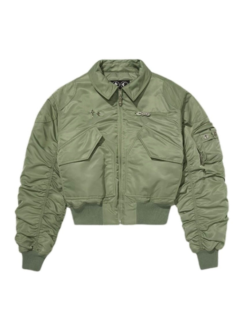 Donclickin Thug Club Star&Moon Studded Bomber – Short-Cut Cotton Flight Jacket - Green