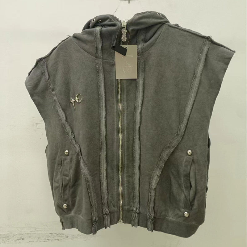 THUG CLUB Washed Wax-Dye Shark Mask Zip-Up Hoodie Outerwear Jackets - Vest Grey