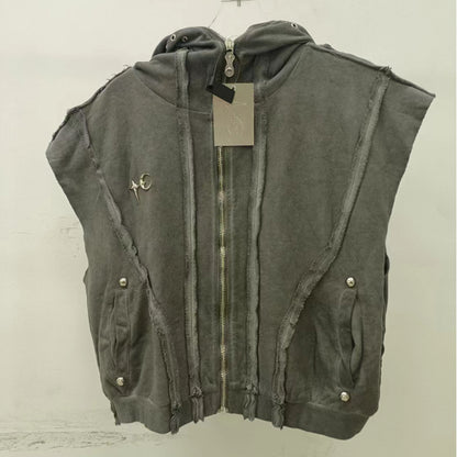 THUG CLUB Washed Wax-Dye Shark Mask Zip-Up Hoodie Outerwear Jackets - Vest Grey