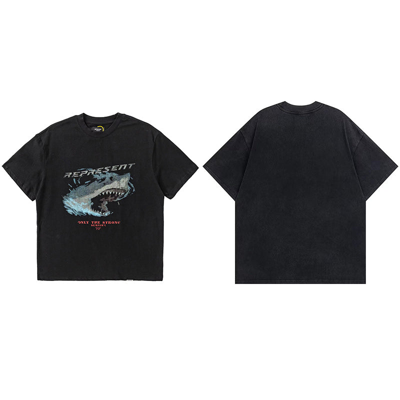 REPRESENT Washed Distressed Doberman Shark Short-Sleeve T-Shirt FOG