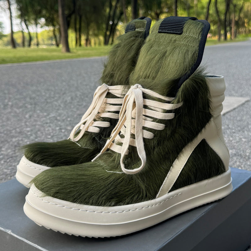 24SS Pony Hair RO High-Top Sneakers – Leather Thick Sole Casual Shoes Unisex - Green