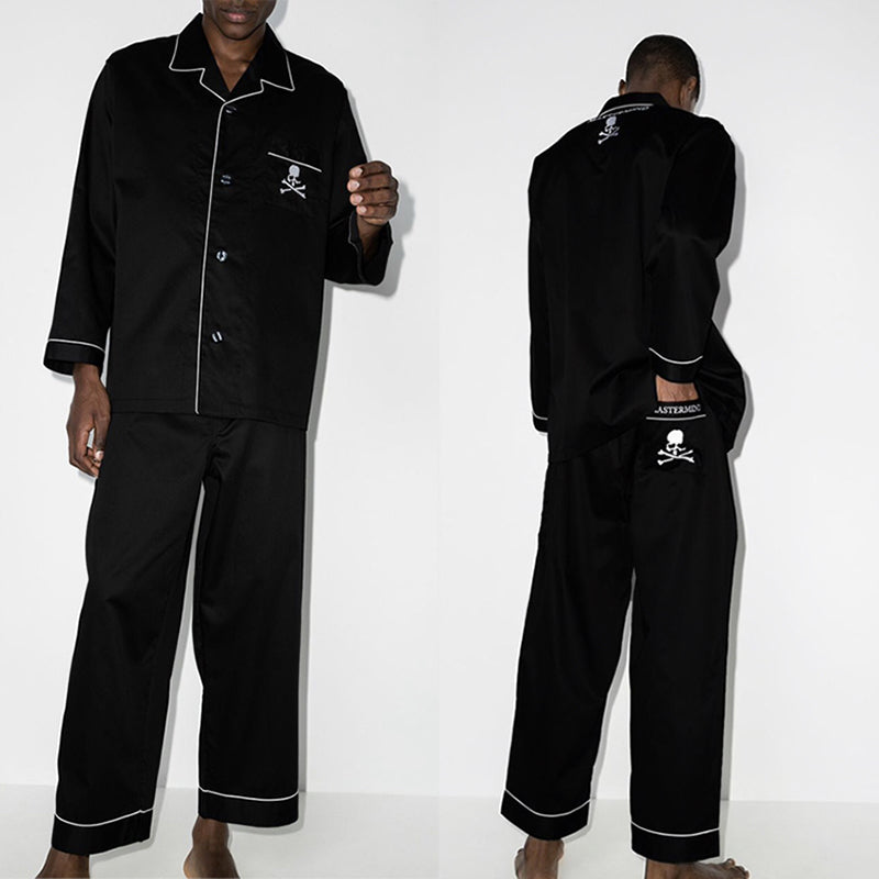 MASTERMIND Ice-Satin Embroidered Skull Pajama Set Couples - MMJ Loungewear - set of long-sleeved shirts white edges