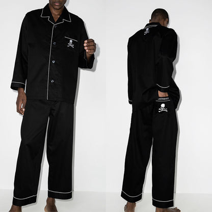 MASTERMIND Ice-Satin Embroidered Skull Pajama Set Couples - MMJ Loungewear - set of long-sleeved shirts white edges