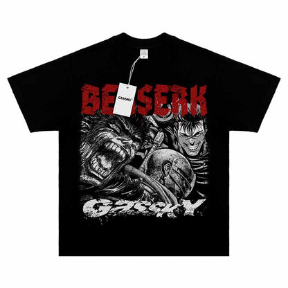 Berserk Guts The Black Swordsman Vintage Anime Print Tee Washed Short Sleeve - Black / S