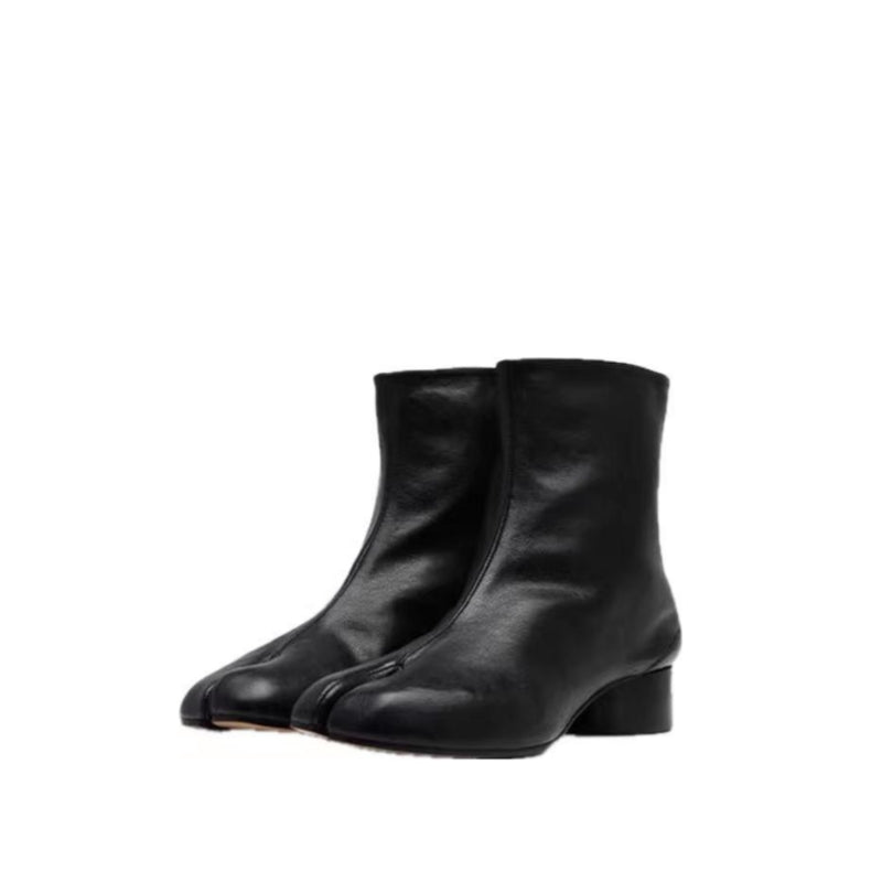 25AW Women’s Tabi Heel Boots - 8cm Stiletto Calfskin Split-Toe Ankle Boots - Black 3cm