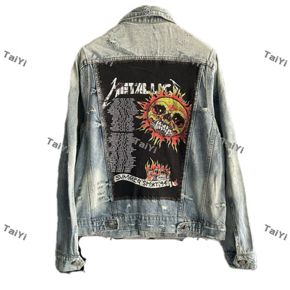 AMIRI 16OG Patchwork Back Kill Denim Jacket Metallica High-Street - Solar deity