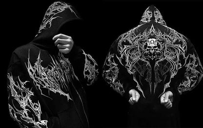 Breathedivinity Dark Gothic Zip-Up Hoodie - 420g French Terry - White Skull