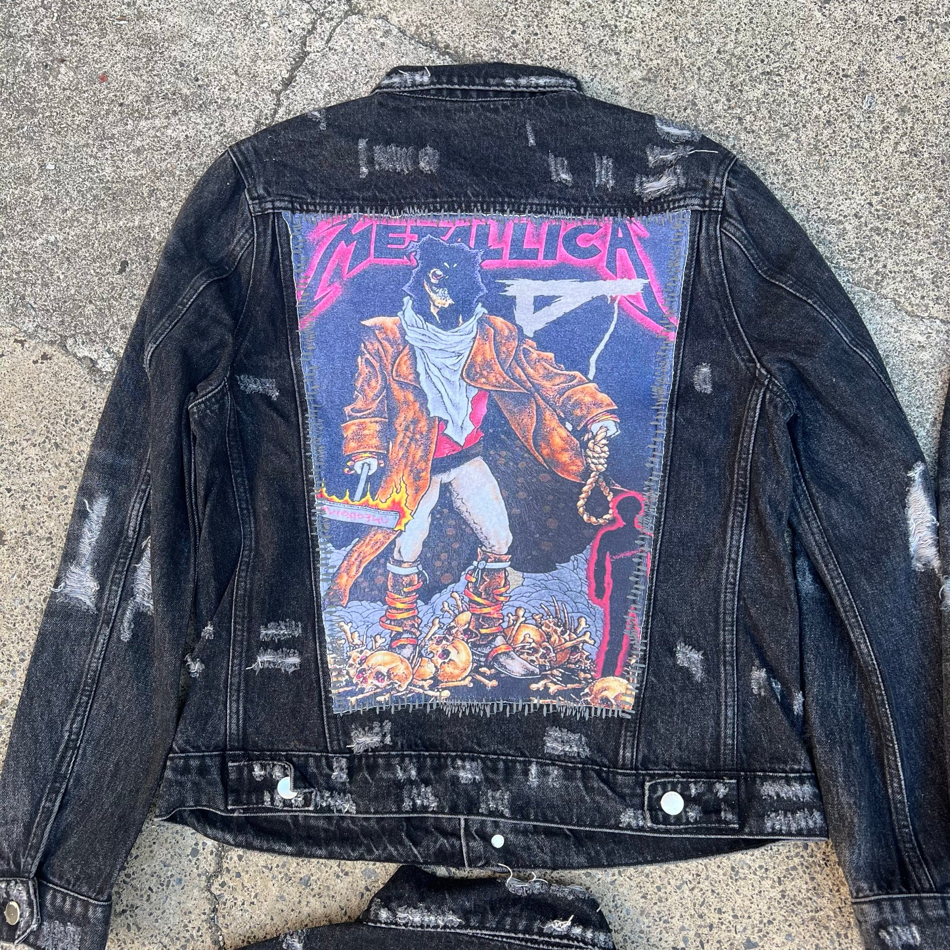 AMIRI Kill Back Denim Jacket - High Street Raw Hem Random Embroidered Patches