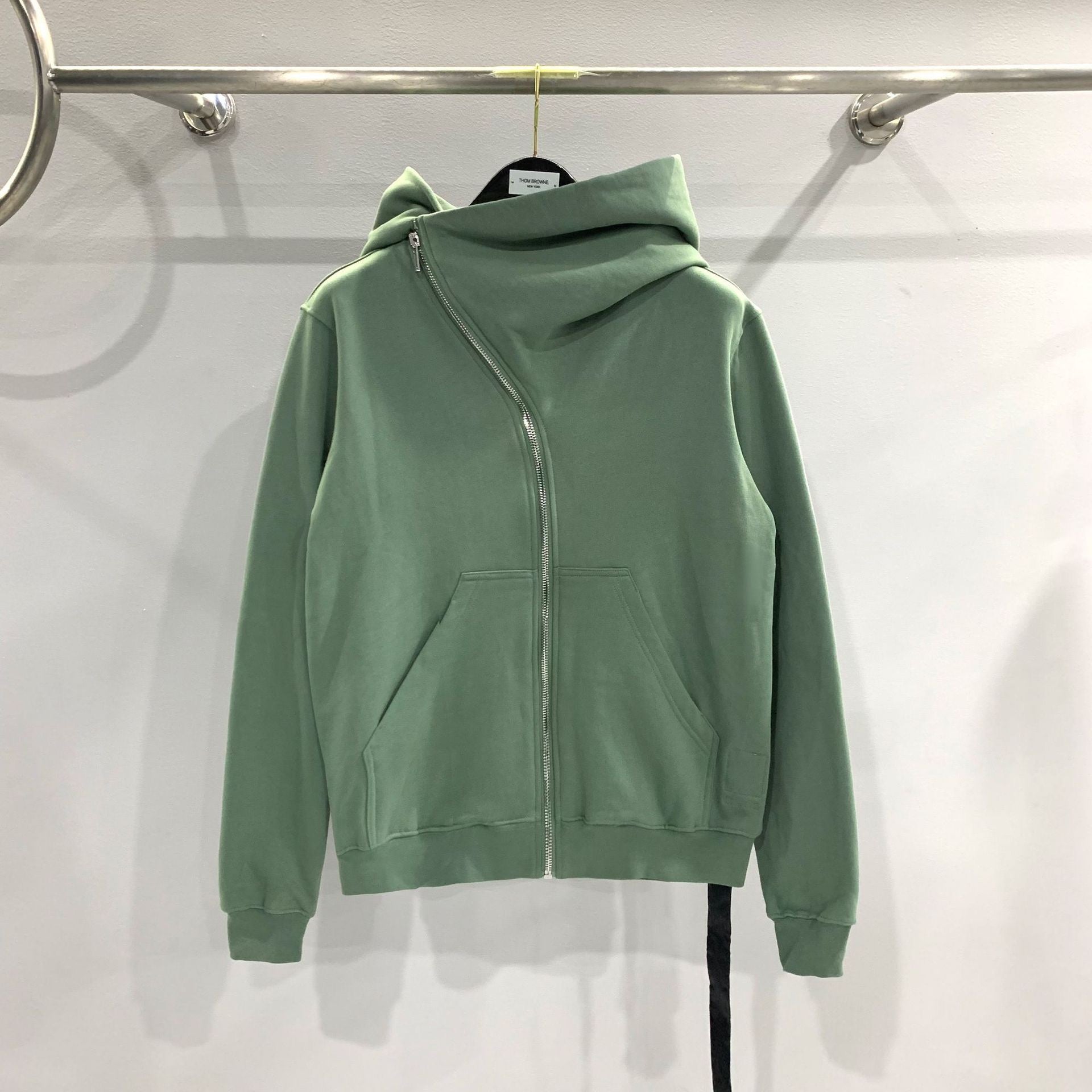 RO Dark Wizard Rick Owen Hoodie - Asymmetric Zip Avant-garde Black Winter Fleece