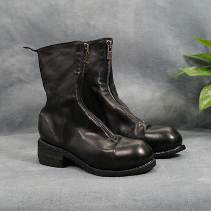 Guidi Horse Leather Distressed Chunky Heel Mid-Calf Ankle Boots PL1/2 Front-Zip