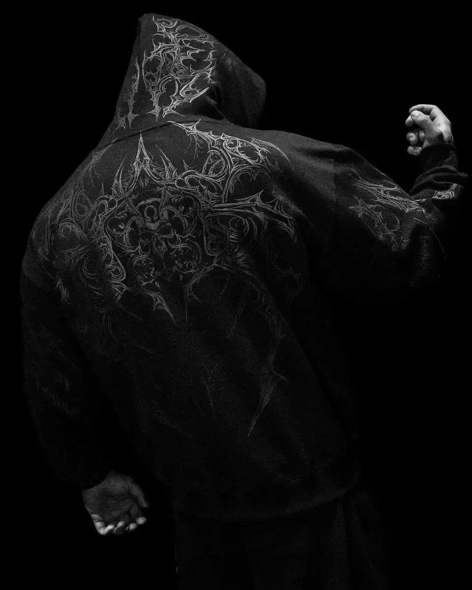 Breathedivinity Dark Gothic Zip-Up Hoodie - 420g French Terry - Black Skull