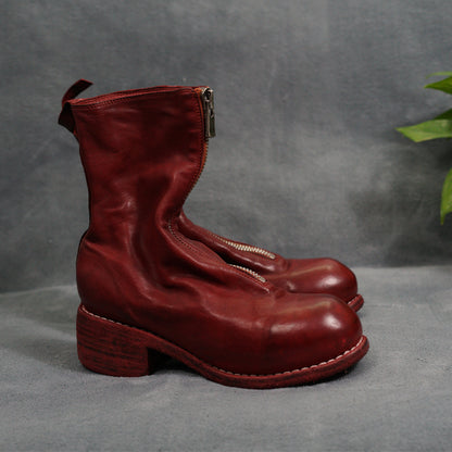 Guidi Horse Leather Distressed Chunky Heel Mid-Calf Ankle Boots PL1/2 Front-Zip
