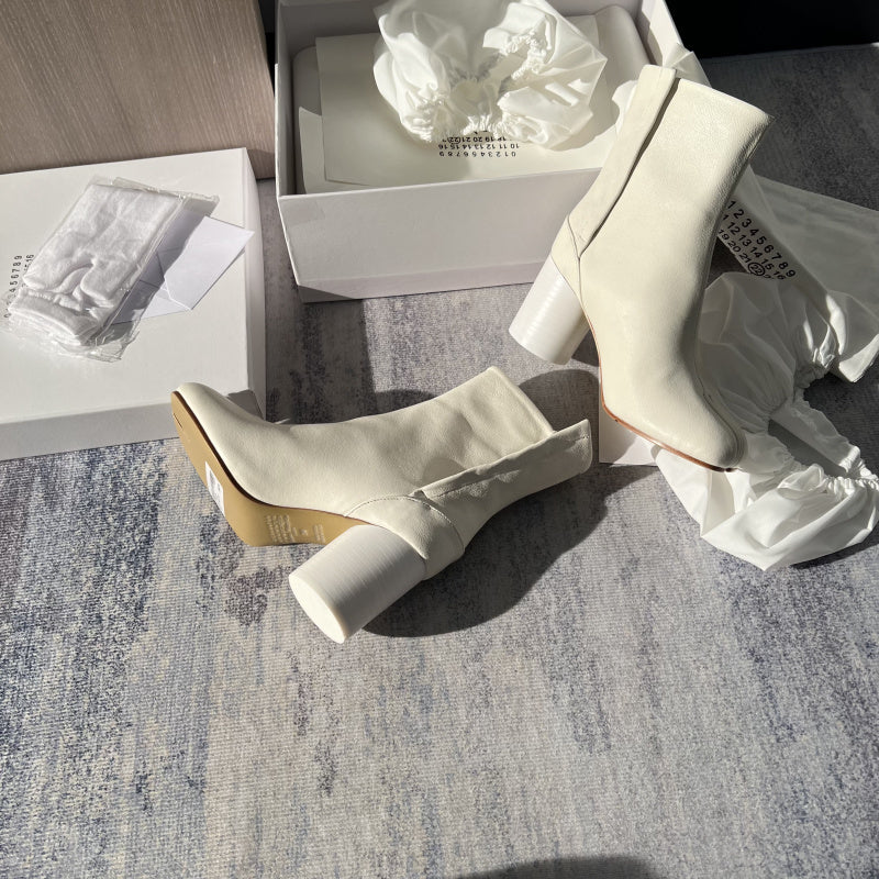 25AW Women’s Tabi Heel Boots - 8cm Stiletto Calfskin Split-Toe Ankle Boots - White 8cm