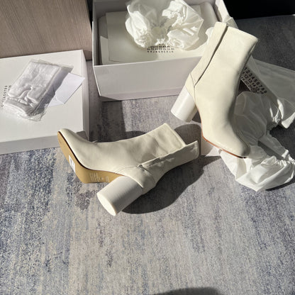 25AW Women’s Tabi Heel Boots - 8cm Stiletto Calfskin Split-Toe Ankle Boots - White 8cm