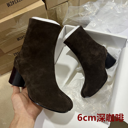 25AW Women’s Tabi Heel Boots - 8cm Stiletto Calfskin Split-Toe Ankle Boots