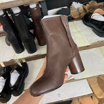 25AW Women’s Tabi Heel Boots - 8cm Stiletto Calfskin Split-Toe Ankle Boots - Coffee 8cm