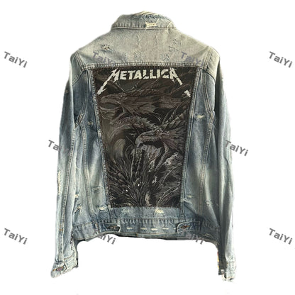 AMIRI 16OG Patchwork Back Kill Denim Jacket Metallica High-Street - Three-headed dragon