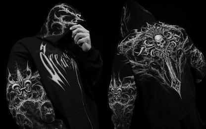 Breathedivinity Dark Gothic Zip-Up Hoodie - 420g French Terry - White Cross 2