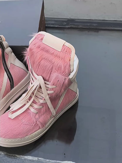 24SS Pony Hair RO High-Top Sneakers – Leather Thick Sole Casual Shoes Unisex