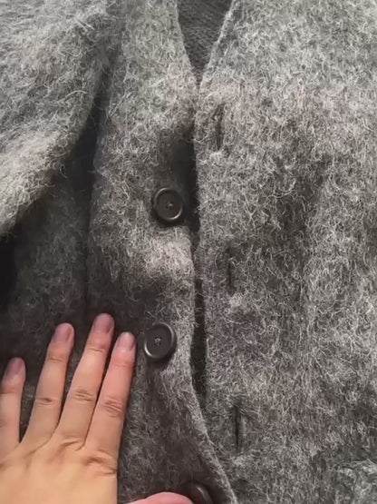 Our Legacy Gray-Brown Mohair Cardigan, Wool Blend Knitted Long Sleeve V-Neck Sweater