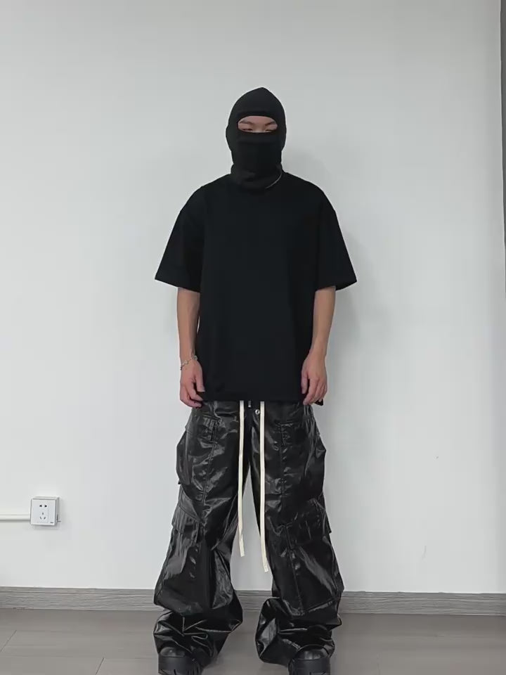 Revised Rick Owen ACBT Style Waxed Cargo Pants - Metallic Wide Leg