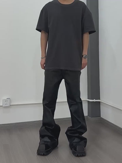 Rick Owen ACBT Dark Waxed Black Denim Pants – High Stretch Flared Wide-Leg Trousers