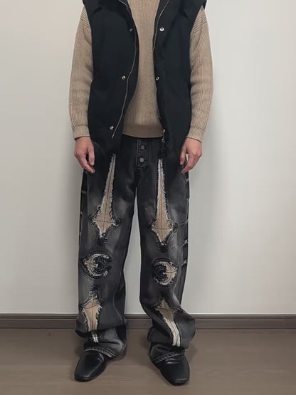 THUG CLUB Revised Moon Star Metal Logo Spliced Denim Jeans - Vintage Wash