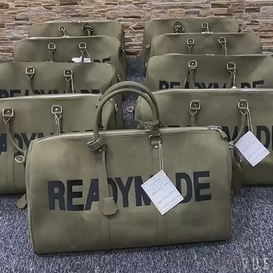 Readymade Overnight Bag - Army Green Canvas Embroidered Travel Bucket Gym Bag