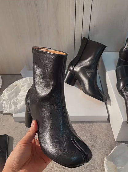 25AW Women's Tabi Heel Boots - 8cm Stiletto Calfskin Split-Toe Ankle Boots