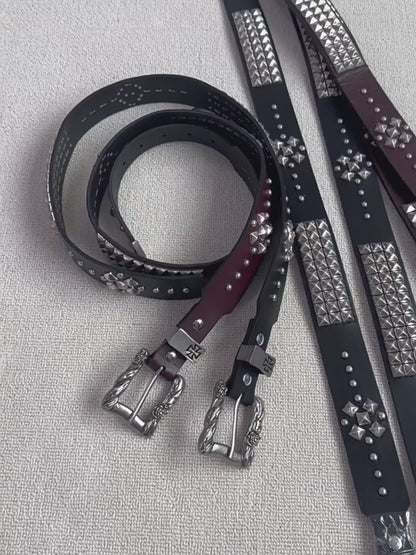 ERD 23FW Melancholy Rose Iron Cross Punk Belt - Studded Full-Grain Leather