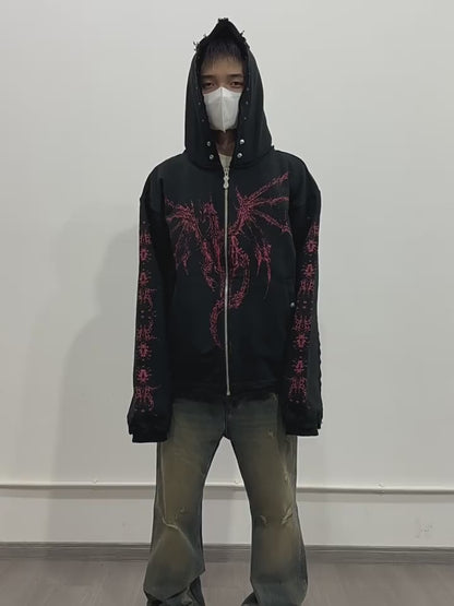 THUG CLUB Heavyweight Hoodie Dragon Spine Demon Print Studded Washed Zip-Up Jackets