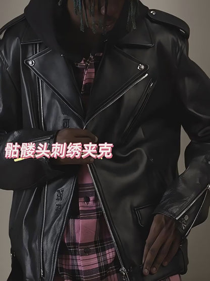 MASTERMIND Skull Embroidery Cowhide Biker Jacket - Luxury Darkwear