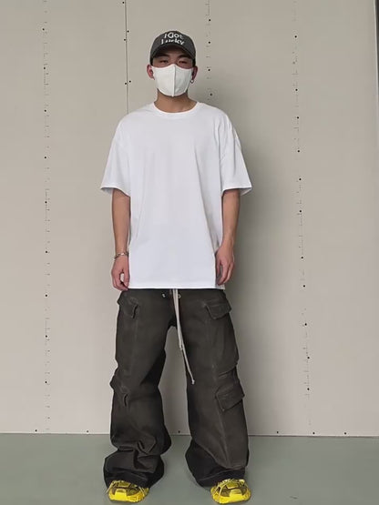Revised RO ACBT Ash Gray Wide Leg Cargo Jeans -  Rick Owen Flared Drawstring Denim